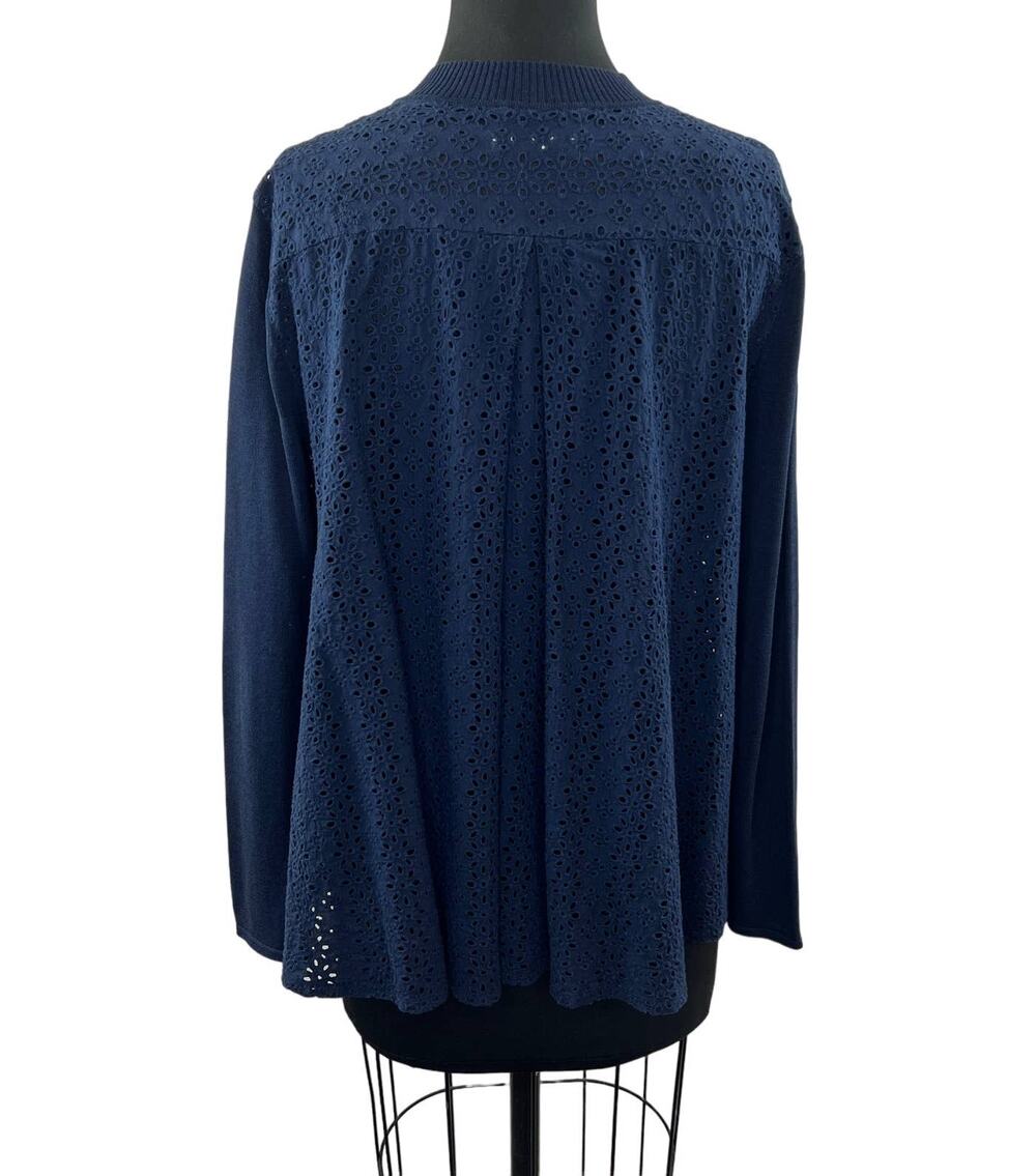 Max & Moi Paris Blue Lace Back Cardigan Sweater Embroidered Eyelet Front Button